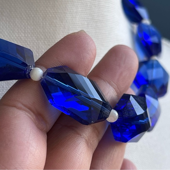 Chunky Faceted Oval Blue Glass Mother Of Pearl Bead Spacer 925 Clasp Necklace - Picture 3 of 14